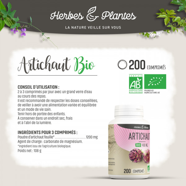 Artichaut Bio - 400 mg - 200 comprimés - Herbes & Plantes