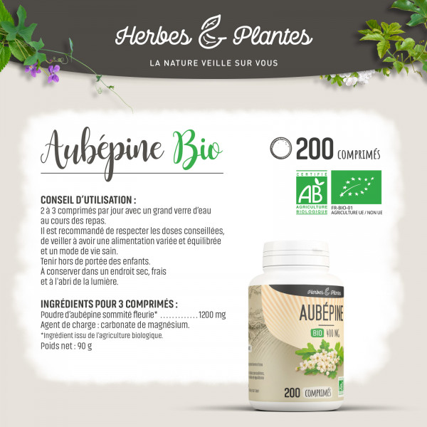 Aubépine Bio - 400 mg - 200 comprimés - Herbes & Plantes