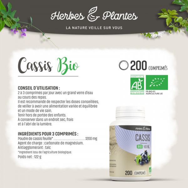 Cassis Bio - 400 mg - 200 comprimés - Herbes & Plantes