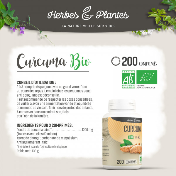 Curcuma Bio - 400 mg - 200 comprimés - Herbes & Plantes