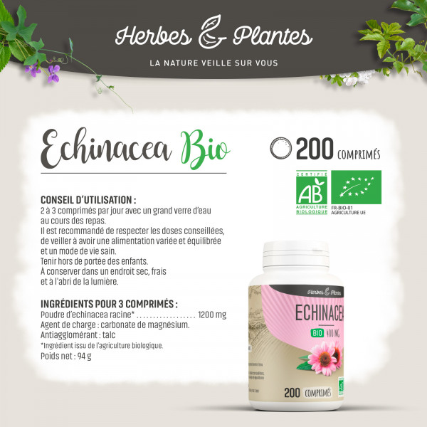 Echinacea Bio - 400 mg - 200 comprimés - Herbes & Plantes