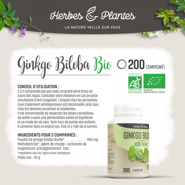 Ginkgo biloba Bio - 300 mg - 200 comprimés - H&P