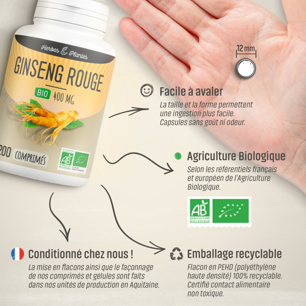 Ginseng Rouge Bio - 400 mg - 200 comprimés - H&P