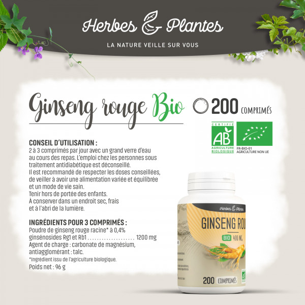 Ginseng Rouge Bio - 400 mg - 200 comprimés - H&P