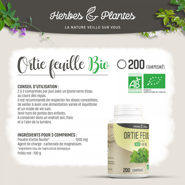 Ortie feuille Bio - 400 mg - 200 comprimés - H&P