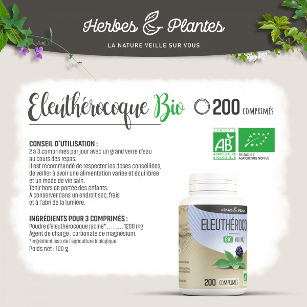 Eleuthérocoque Bio - 400 mg - 200 comprimés - H&P