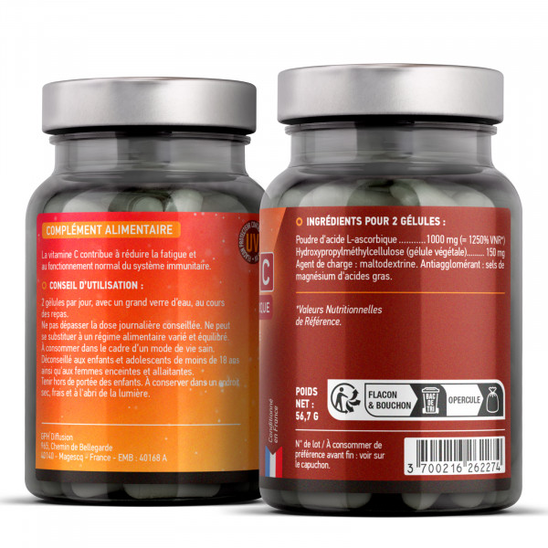 Vitamine C 1000 mg - Acide Ascorbique - Gélules Végétales