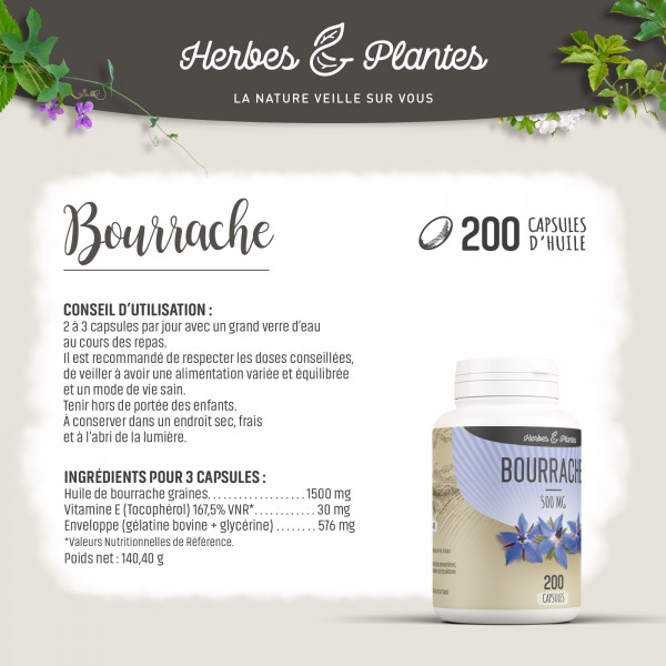 Bourrache - 500 mg - 200 capsules - Herbes & Plantes