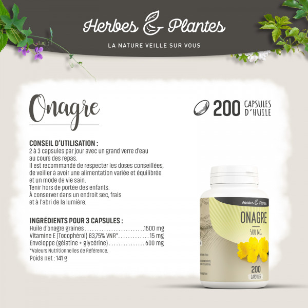 Onagre - 500 mg - 200 capsules - Herbes & Plantes