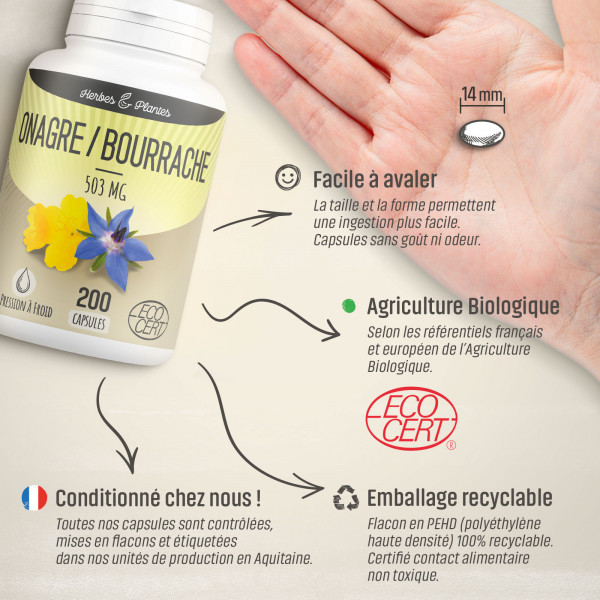 Onagre-Bourrache Ecocert - 503 mg - 200 capsules - Herbes & Plantes