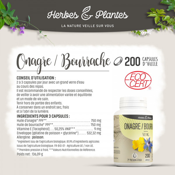 Onagre-Bourrache Ecocert - 503 mg - 200 capsules - Herbes & Plantes