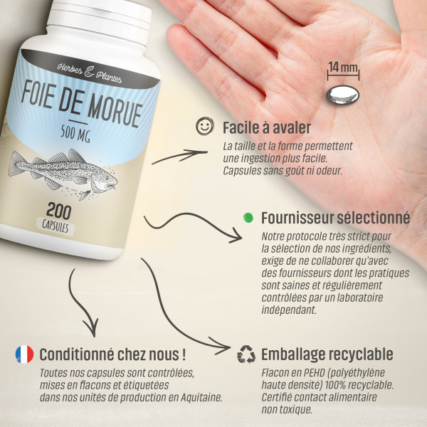 Foie de Morue - 500 mg - 200 capsules - Herbes & Plantes