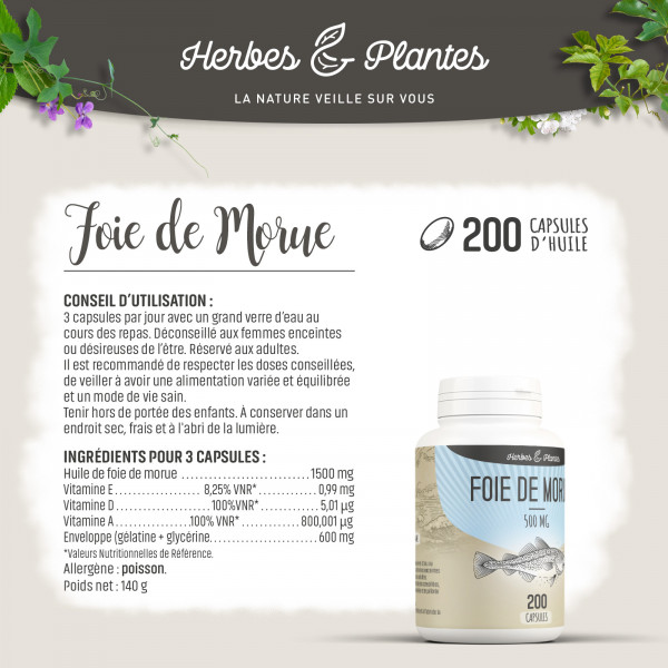 Foie de Morue - 500 mg - 200 capsules - Herbes & Plantes