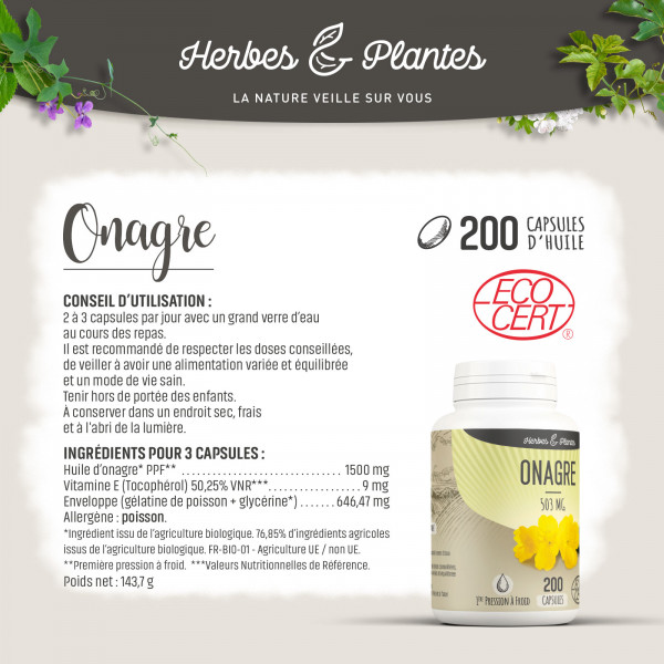 Onagre Ecocert - 503 mg - 200 capsules - Herbes & Plantes