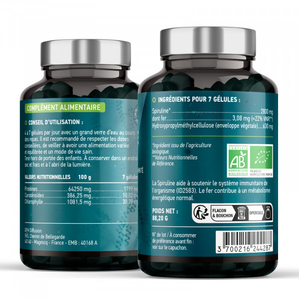 Spiruline bio - 180 gélules à 400mg