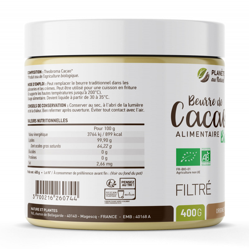 Beurre de cacao bio et équitable d'une usine de cacao 100% bio