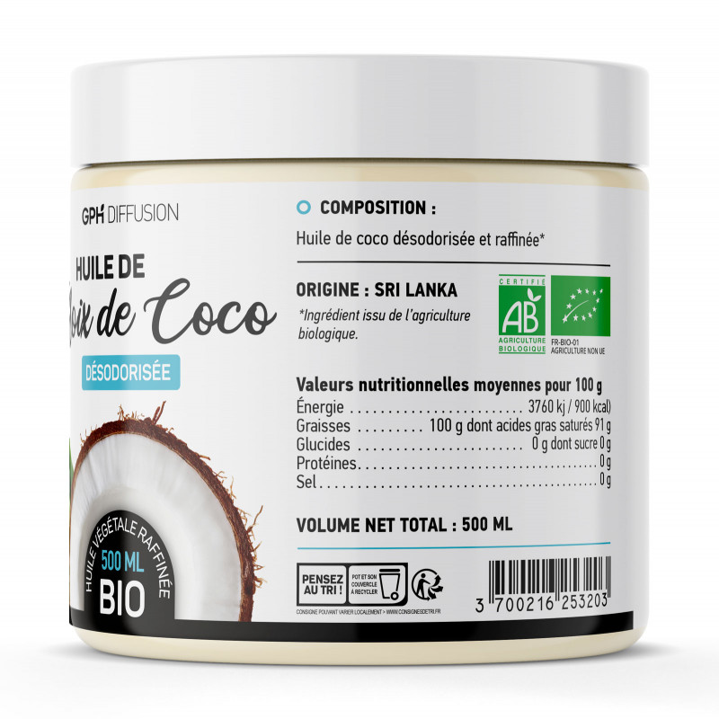 Huile végétale de coco bio désodorisée Contenance 60 ML